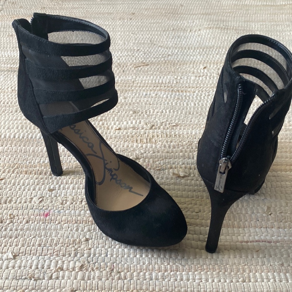 Black mesh and suede ankle Jessica Simpson heels. Very cute!